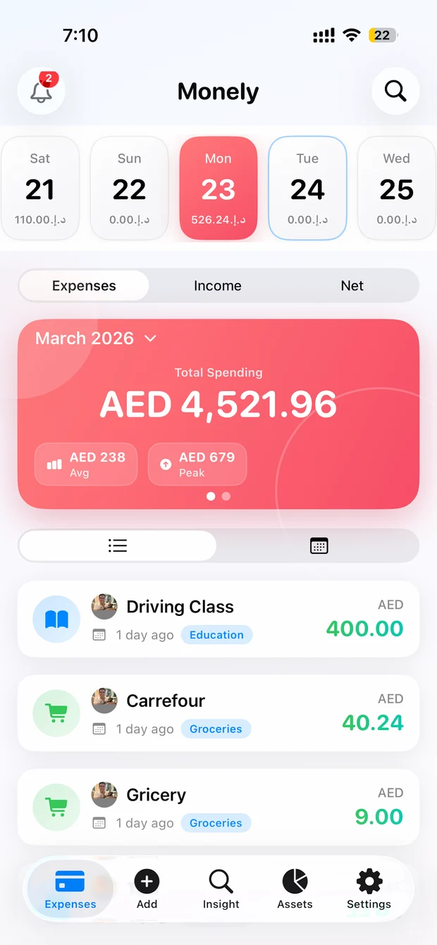 Monely iPhone screen showing a spending overview and expense entries.